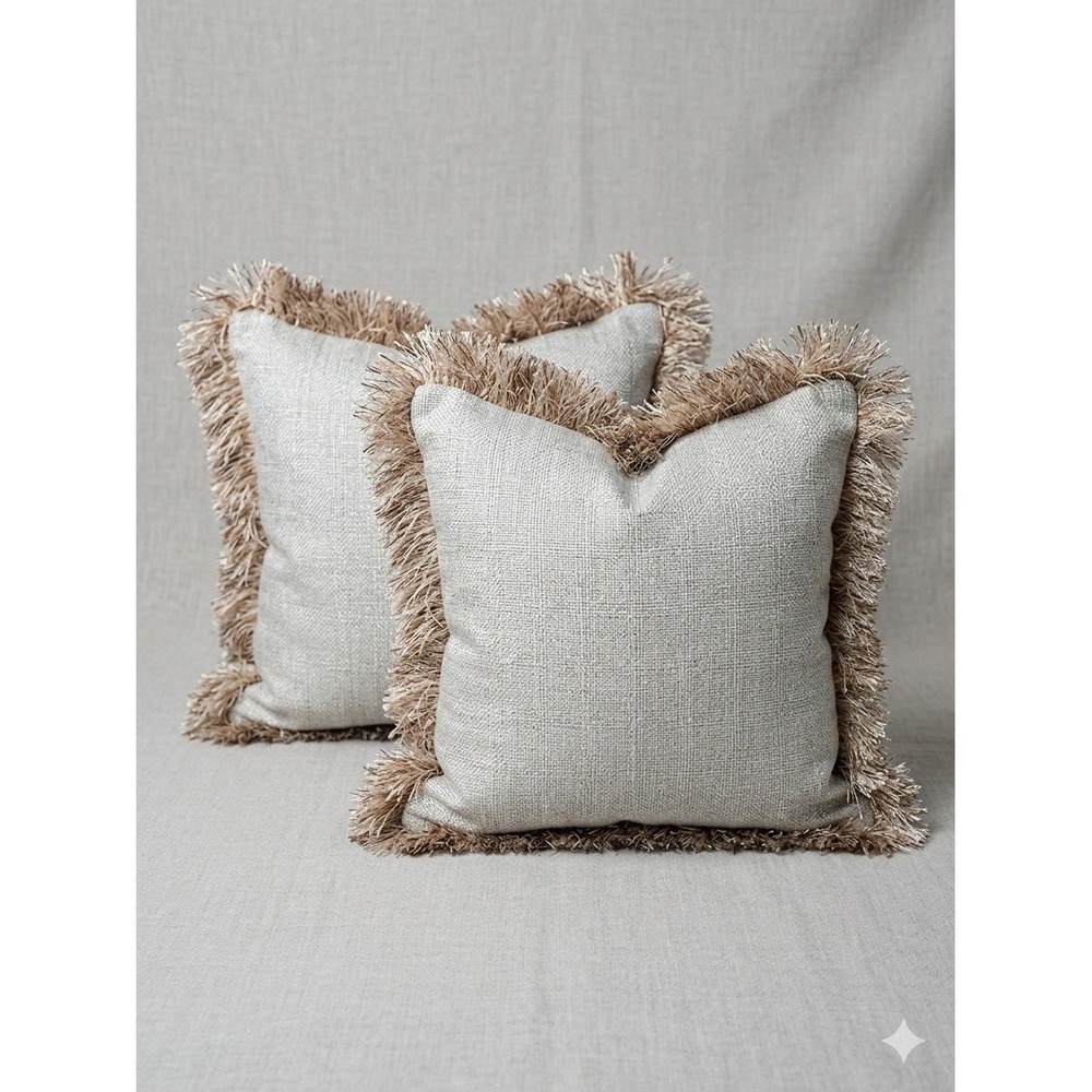 Pier 1 Imports Fringed Pillow Covers Set‎ 2 Textured Oatmeal Neutral 19x19 Boho